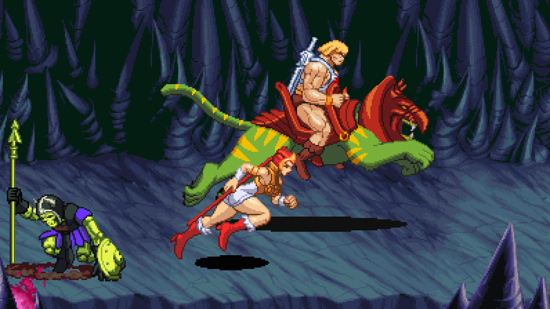 Official screenshot: He-Man rides Battle Cat alongside Teela in a rocky cavern.